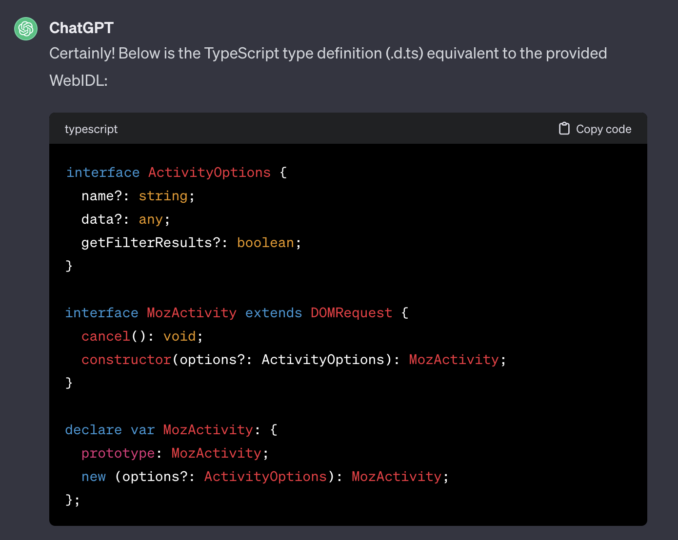 ChatGPT Converts WebIDL to Typescript ChatGPT Converts WebIDL to Typescript