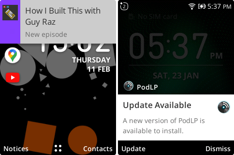 KaiOS Notification Types. Left <code>requireInteraction = false</code>, right <code>requireInteraction = true</code> KaiOS Notification Types