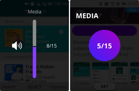 KaiOS Volume HUD. Nokia 8110 4G (left), Orange Neva Mini (right)