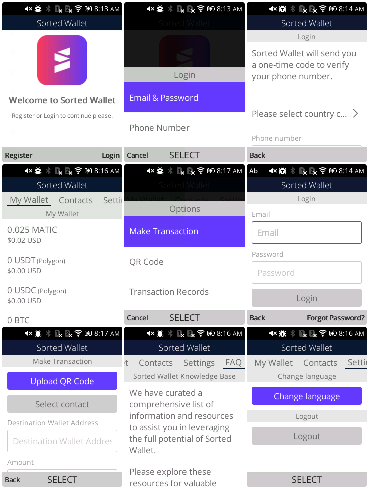 Screenshots of Sorted Wallet on KaiOS Screenshots of Sorted Wallet on KaiOS